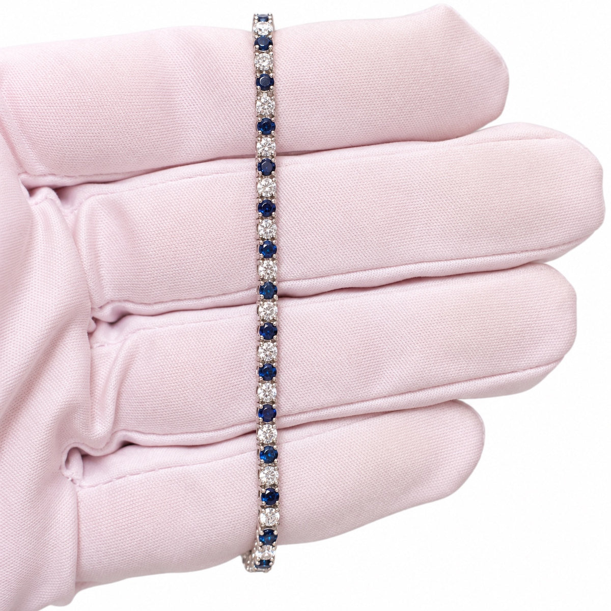 9K White Gold Tennis Bracelet, 4.4TCW, Saphire/Diamond, Lab Grown (CVD), 7"