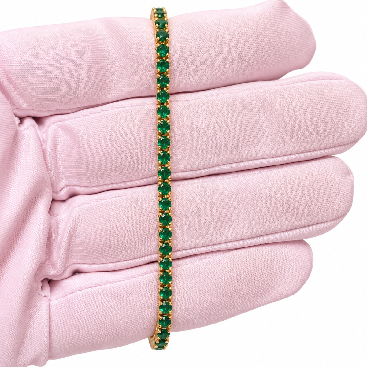 9K Yellow Gold, 4.5TCW Lab Grown Emeralds, Tennis Bracelet, 7"