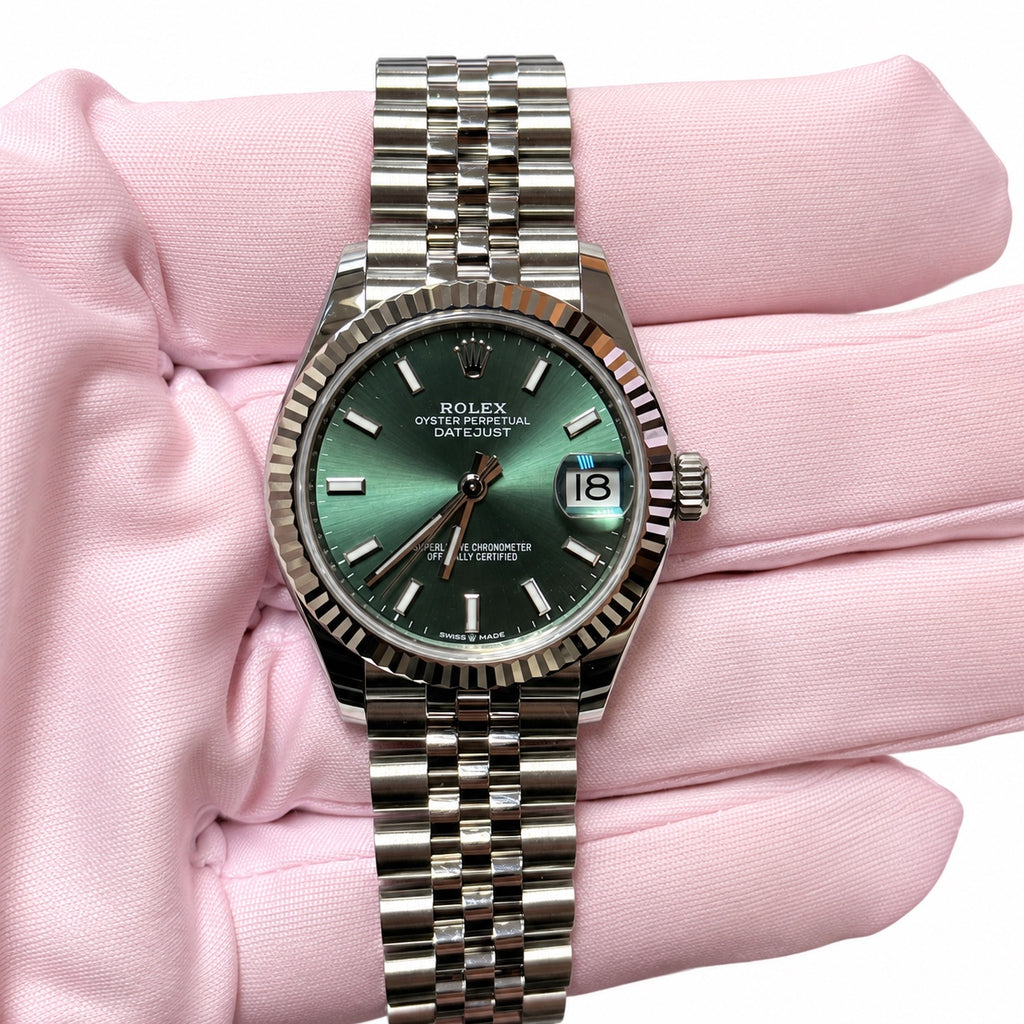 Rolex Datejust 31mm 278274-0018 Mint Green Dial 18K White Gold Fluted Bezel Jubilee 2026 – Unworn – Watch & Card