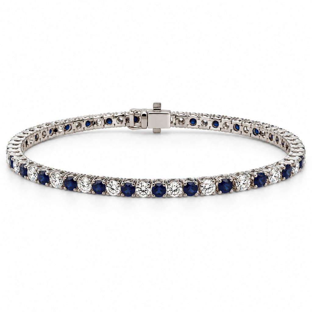 9K White Gold Tennis Bracelet, 4.4TCW, Saphire/Diamond, Lab Grown (CVD), 7"