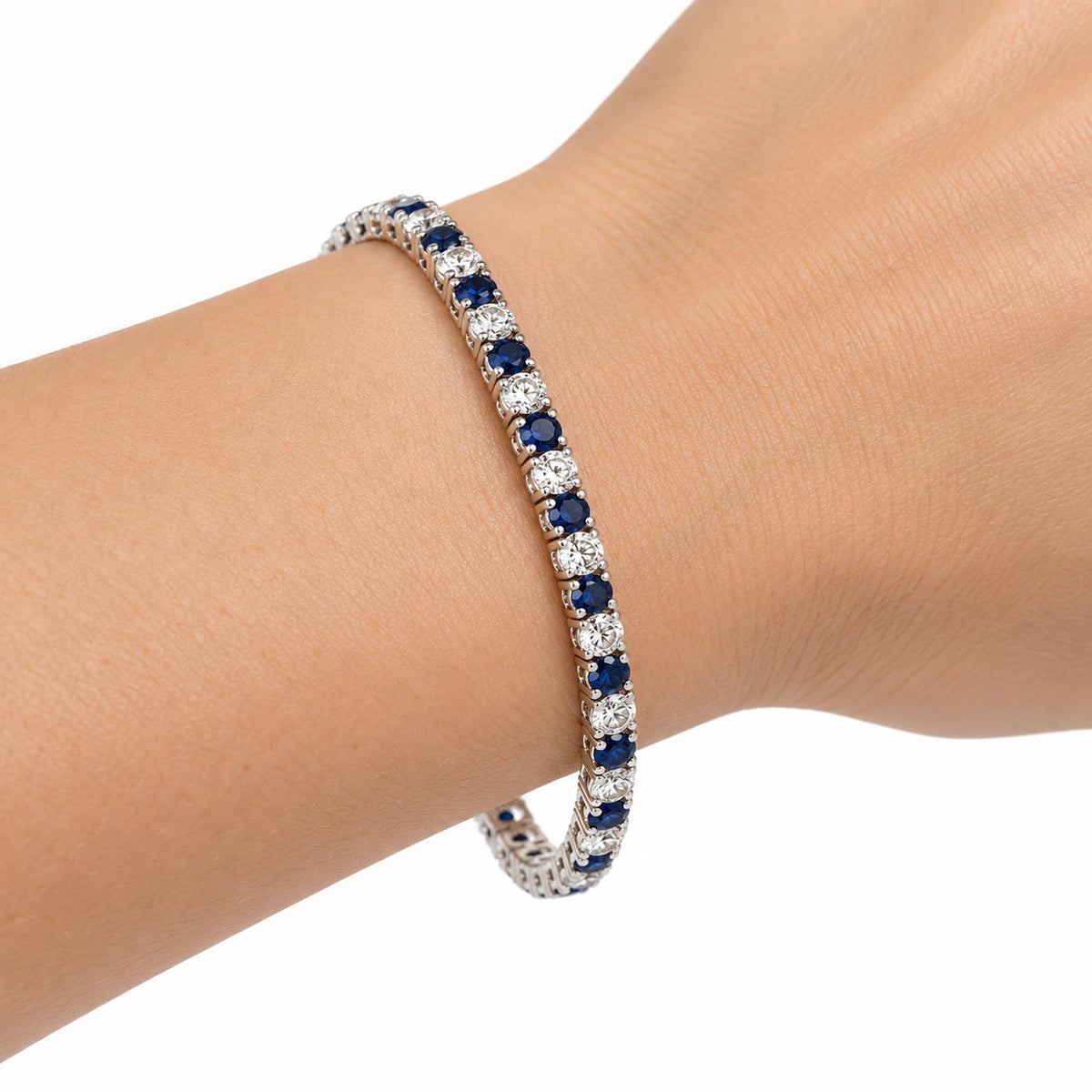 9K White Gold Tennis Bracelet, 4.4TCW, Saphire/Diamond, Lab Grown (CVD), 7"