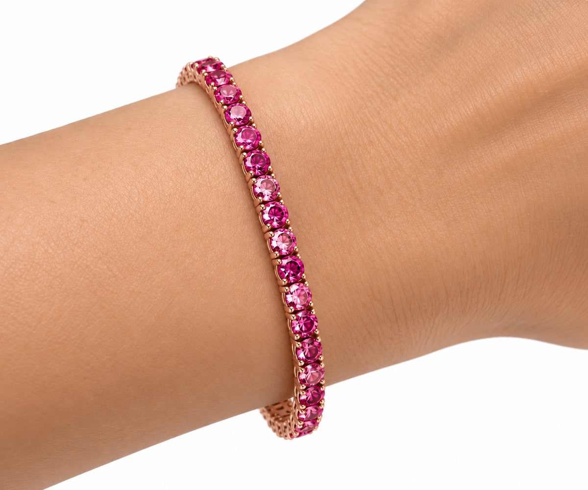 9K Rose Gold Tennis Bracelet, 5.5Tcw Pink Saphire/Ruby, 7"
