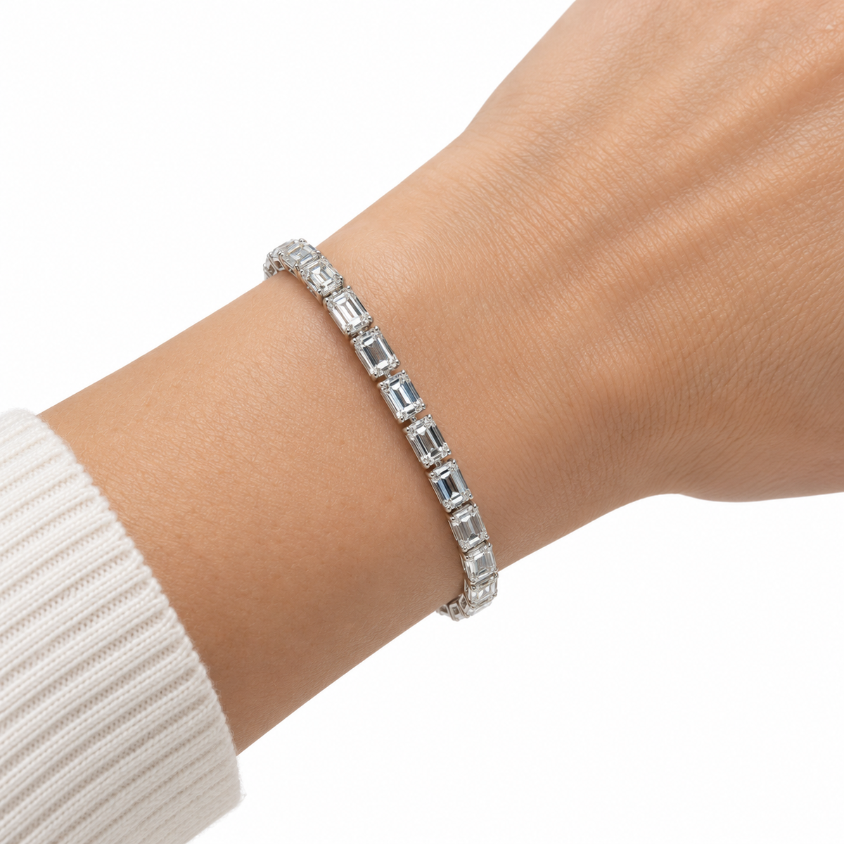 14K White Gold 36 CTW Lab-Grown Emerald Cut Diamond Tennis Bracelet