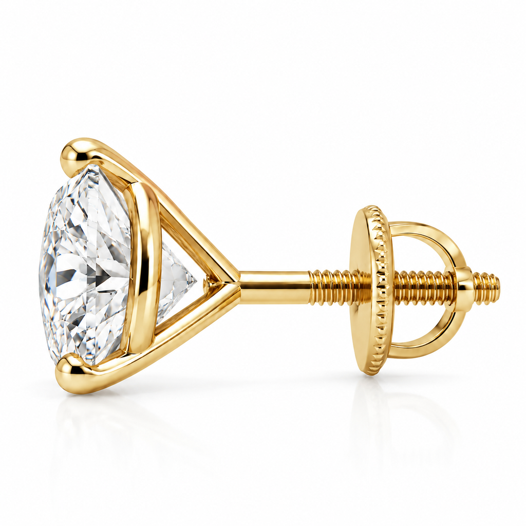 14K Yellow Gold Lab-Grown Diamond Stud Earrings – 3-Prong Martini Screw Back 1.00-4.00TCW