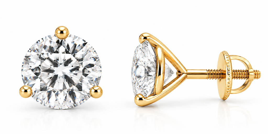 14K Yellow Gold Lab-Grown Diamond Stud Earrings – 3-Prong Martini Screw Back 1.00-4.00TCW