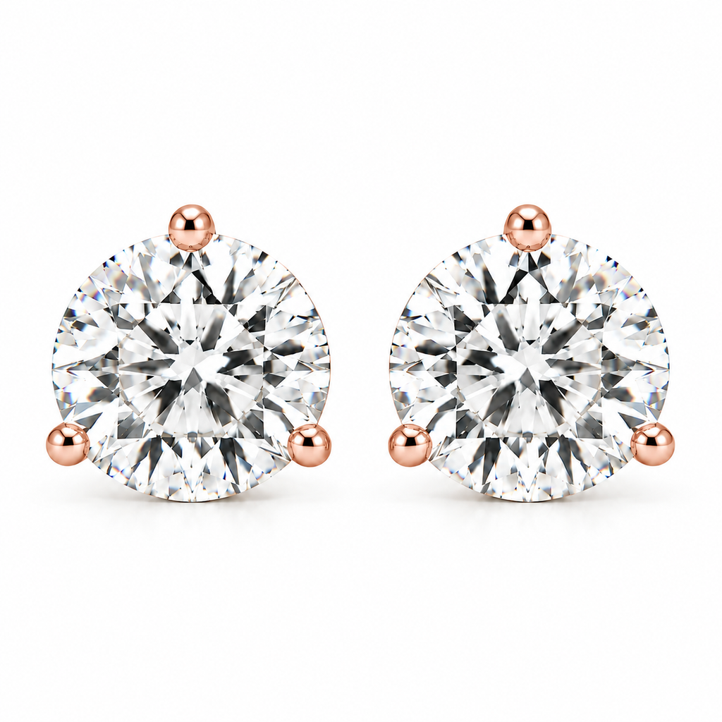 14K Rose Gold Lab-Grown Diamond Stud Earrings – 3-Prong Martini Screw Back
