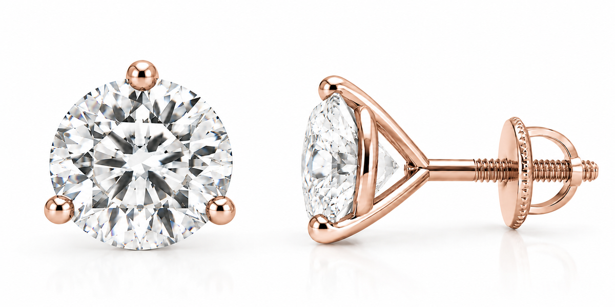 14K Rose Gold Lab-Grown Diamond Stud Earrings – 3-Prong Martini Screw Back