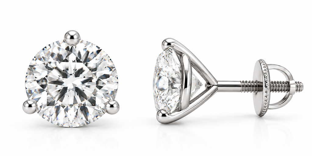 14K White Gold Lab-Grown Diamond Stud Earrings – 3-Prong Martini Screw Back 1.00-4.00TCW