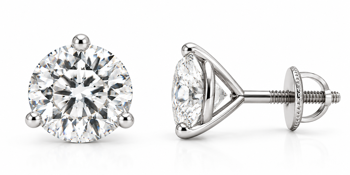 14K White Gold Lab-Grown Diamond Stud Earrings – 3-Prong Martini Screw Back 1.00-4.00TCW
