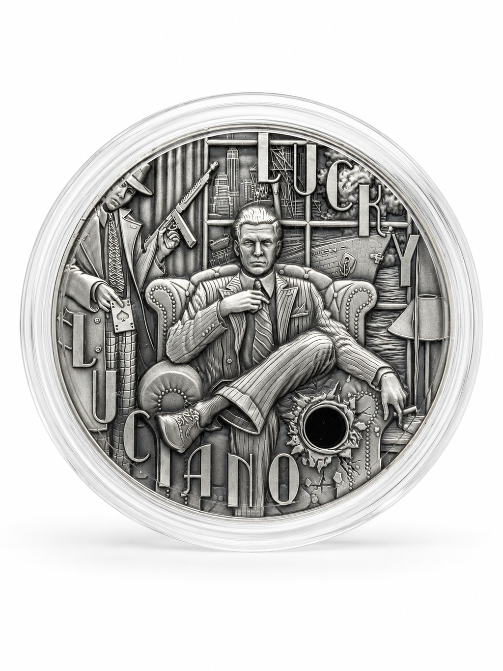 2024 Lucky Luciano 2 oz Silver Coin – Ultra High Relief Antique Finish w/ Gold Plated Bullets