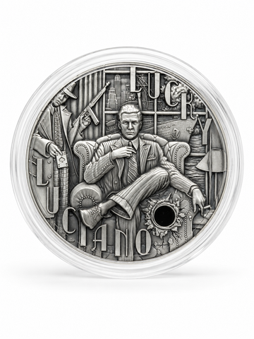 2024 Lucky Luciano 2 oz Silver Coin – Ultra High Relief Antique Finish w/ Gold Plated Bullets