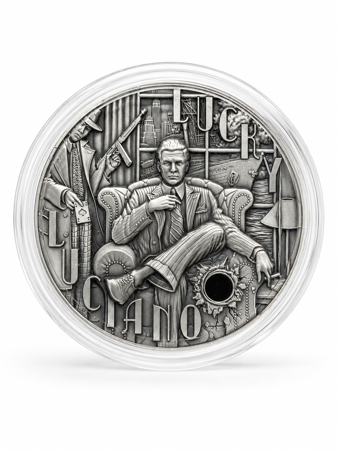 2024 Lucky Luciano 2 oz Silver Coin – Ultra High Relief Antique Finish w/ Gold Plated Bullets