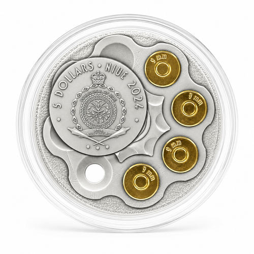2024 Lucky Luciano 2 oz Silver Coin – Ultra High Relief Antique Finish w/ Gold Plated Bullets