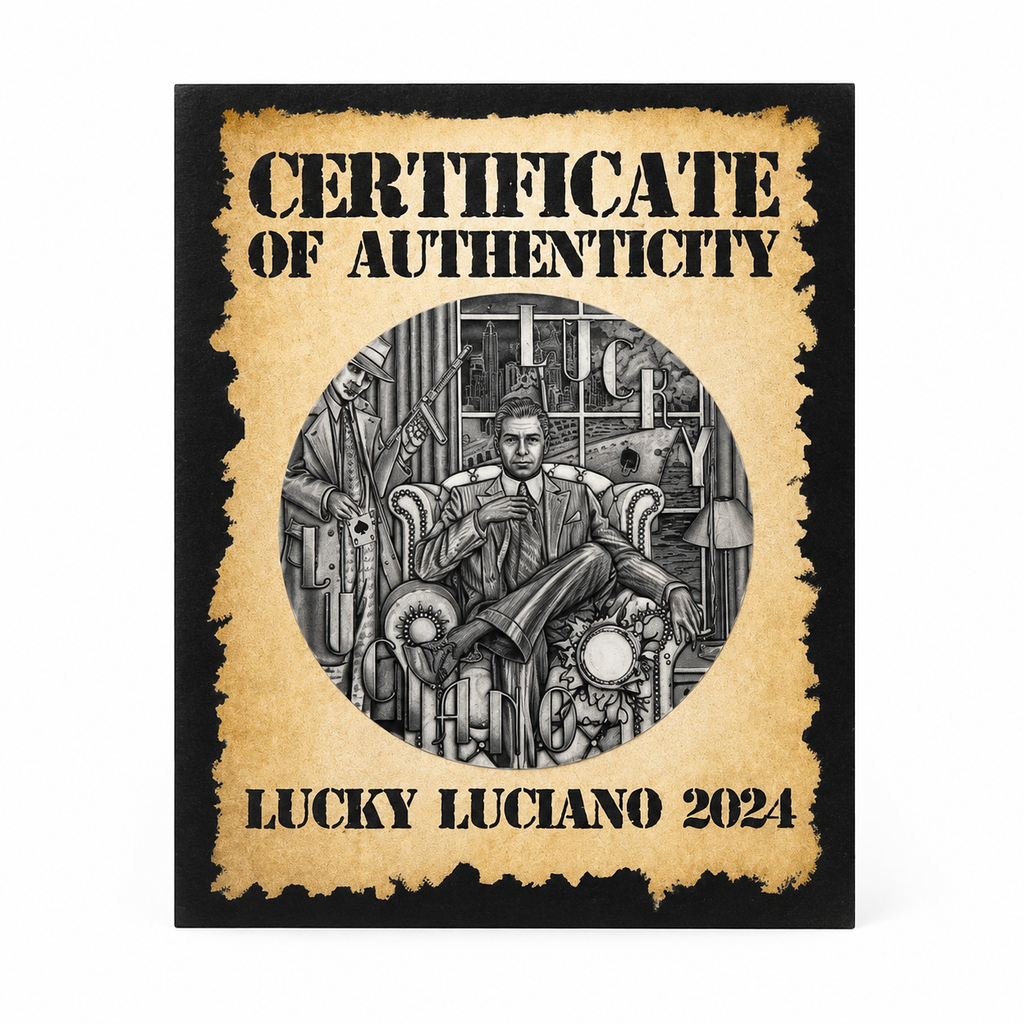 2024 Lucky Luciano 2 oz Silver Coin – Ultra High Relief Antique Finish w/ Gold Plated Bullets