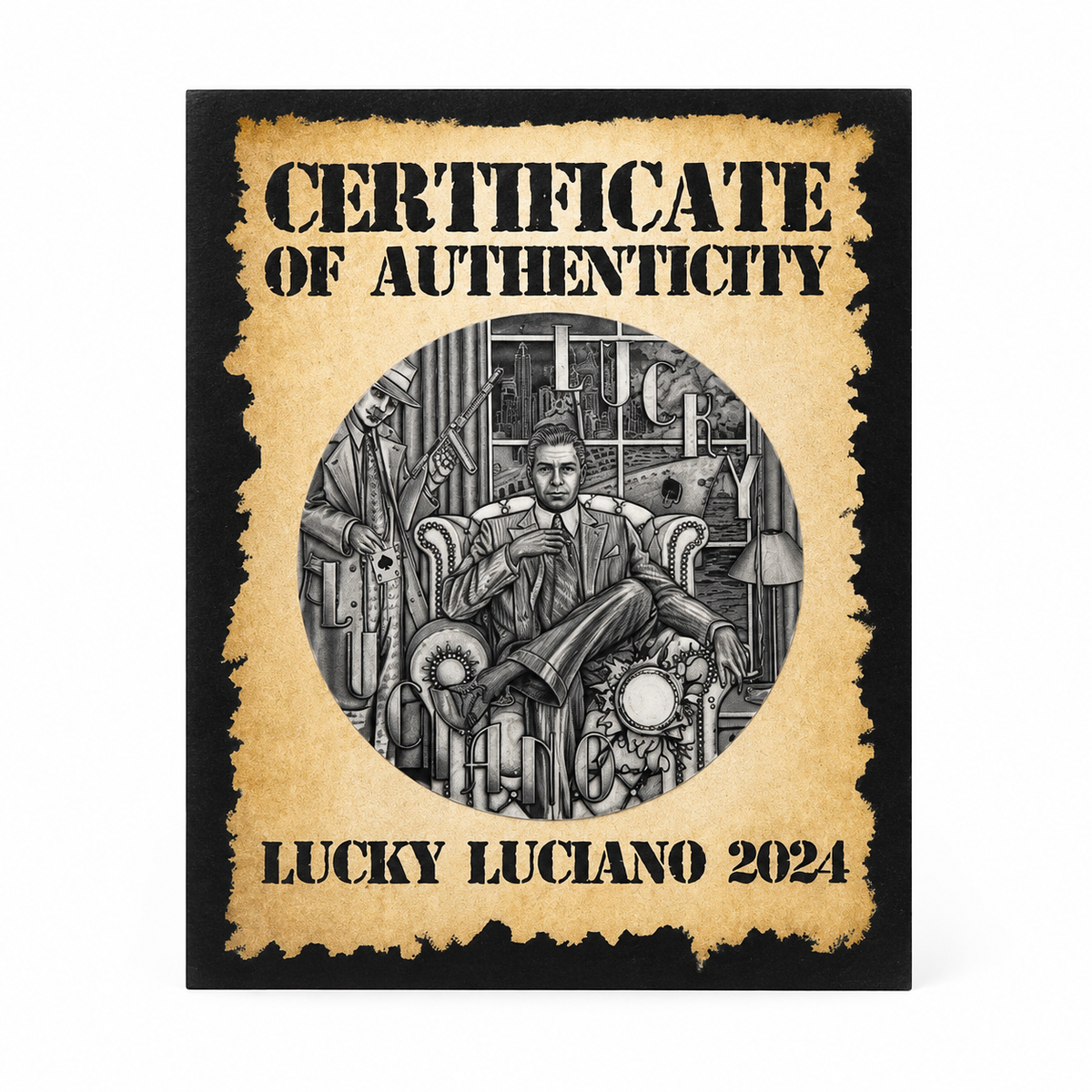 2024 Lucky Luciano 2 oz Silver Coin – Ultra High Relief Antique Finish w/ Gold Plated Bullets