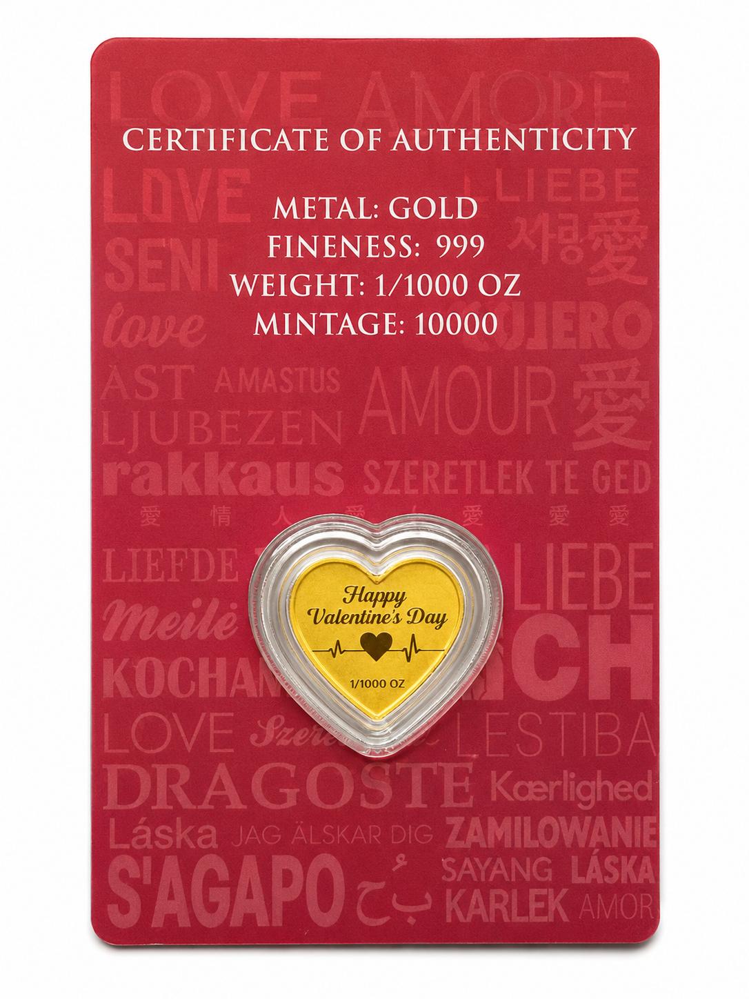 Happy Valentine’s Day Heart-Shaped Gold Collectible Coin / Bar