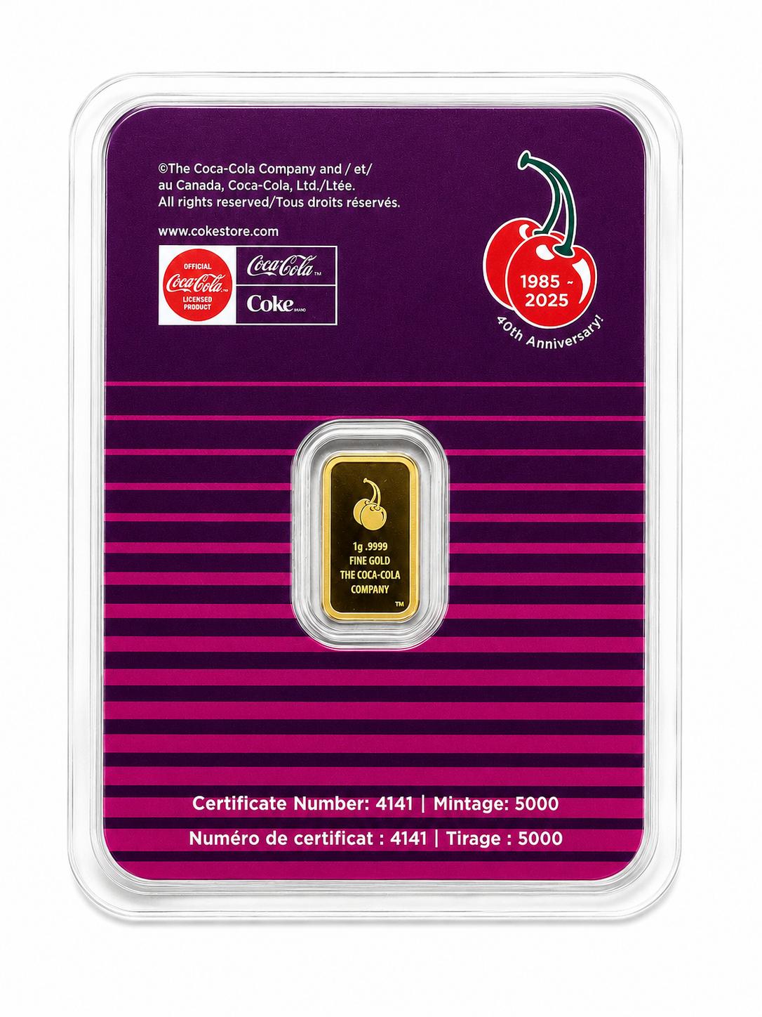 Cherry Coke® 40th Anniversary 1g .9999 Fine Gold Bar