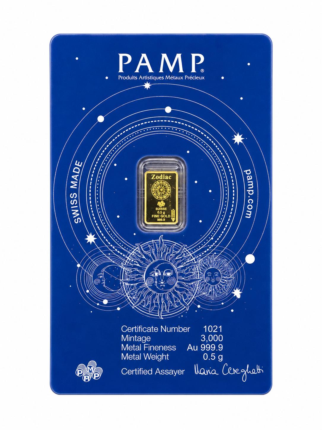 PAMP Aquarius Zodiac 0.5g .9999 Fine Gold Bar