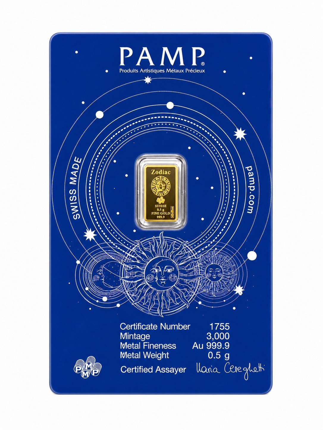 PAMP Aries Zodiac 0.5g .9999 Fine Gold Bar