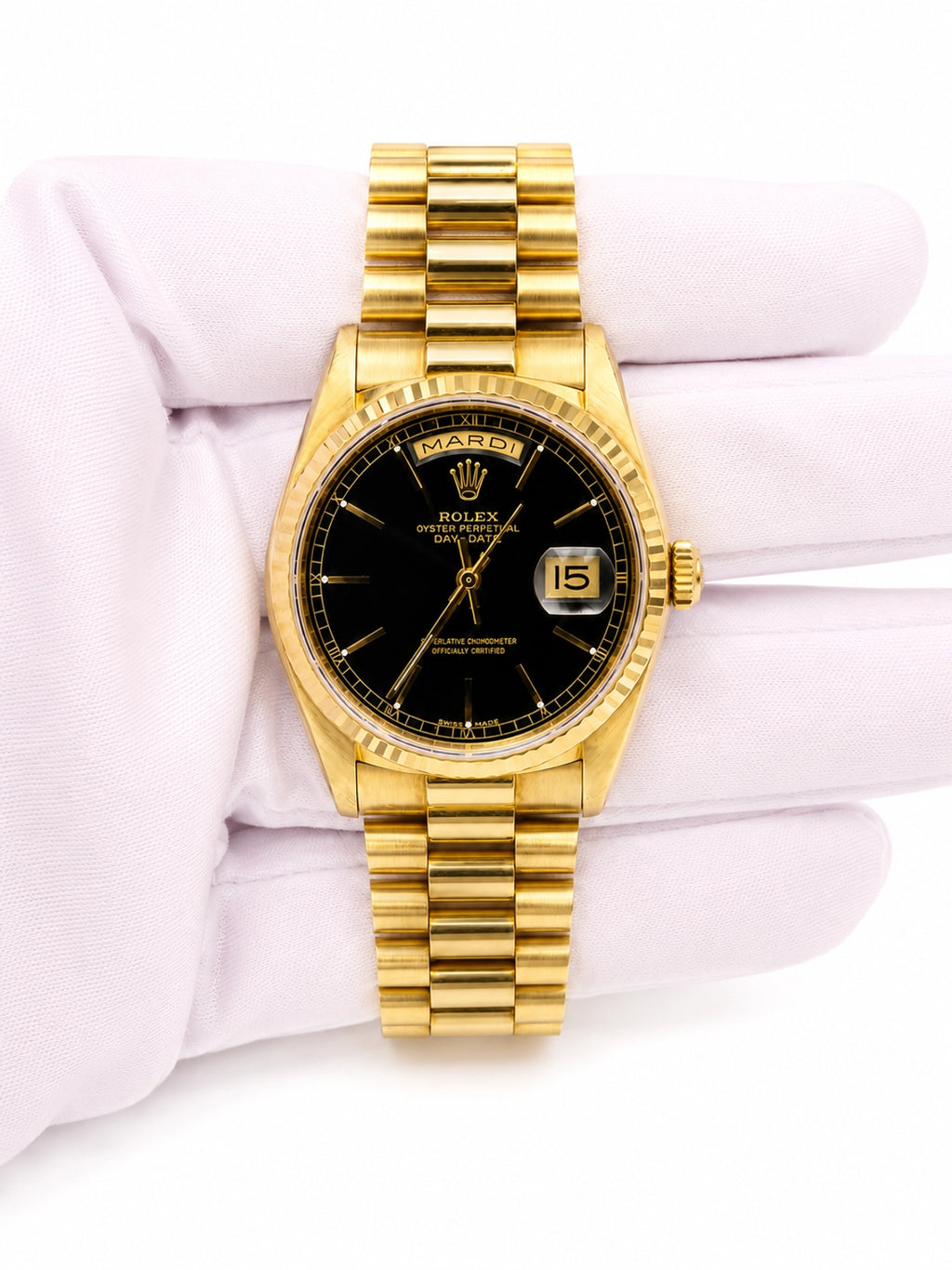 Rolex Day-Date Black Dial on President 18238 Certified Pre Owned Card 2025