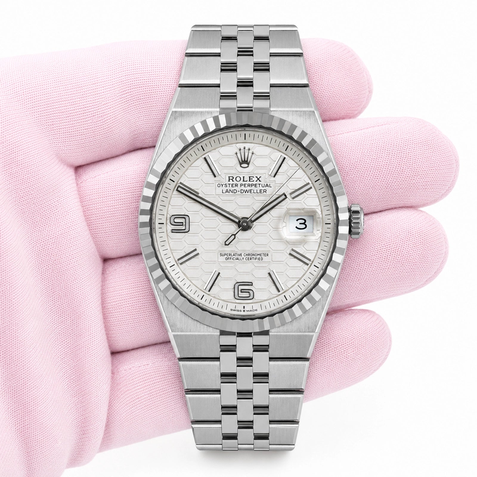 Rolex Land-Dweller 40 White Honeycomb Dial on Flat Jubilee 127334 Card 2026