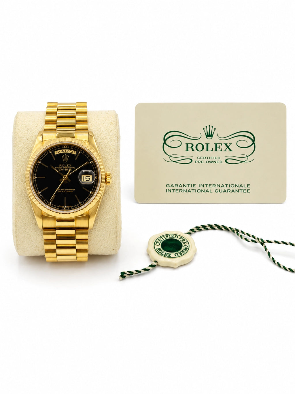 Rolex Day-Date Black Dial on President 18238 Certified Pre Owned Card 2025