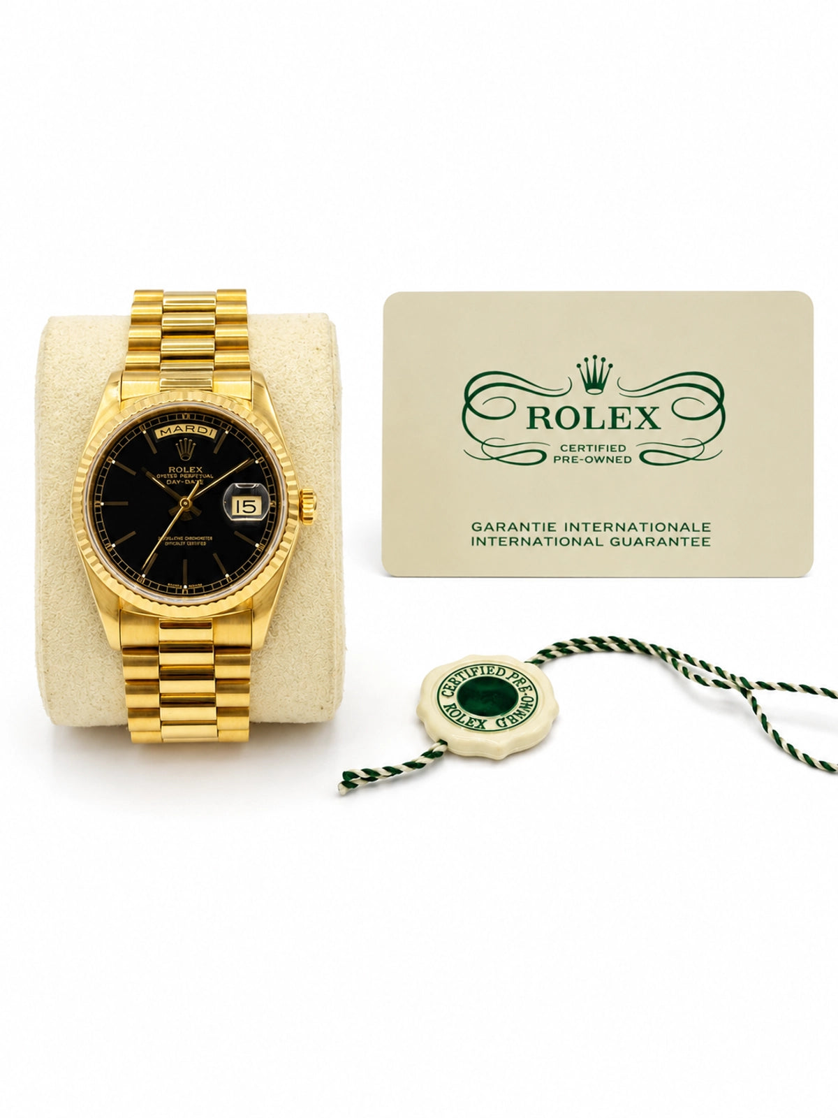 Rolex Day-Date Black Dial on President 18238 Certified Pre Owned Card 2025