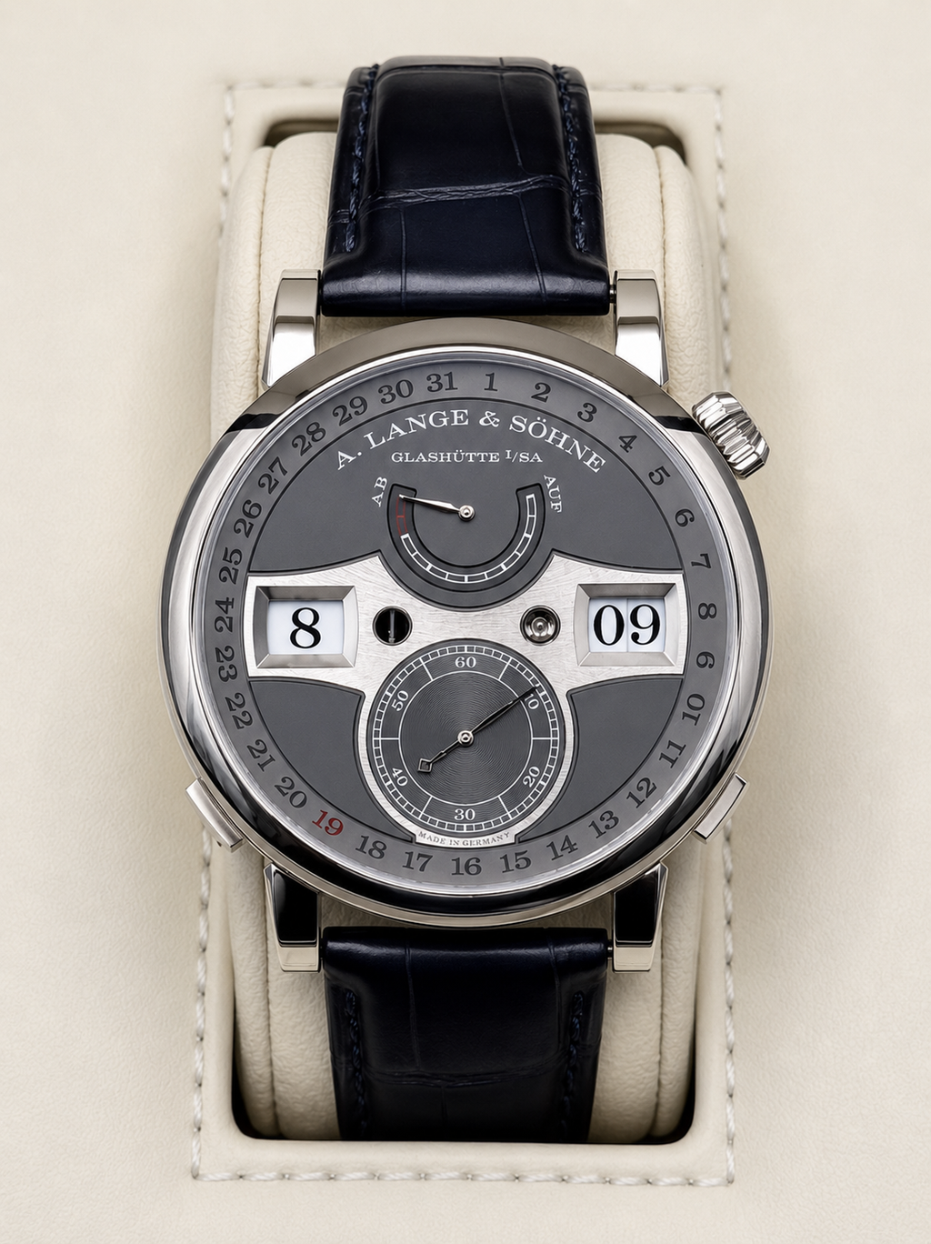 A. Lange & Sohne Zeitwerk Date Gray Dial on Leather Strap 148.038/LSLS1483AA Complete 2021